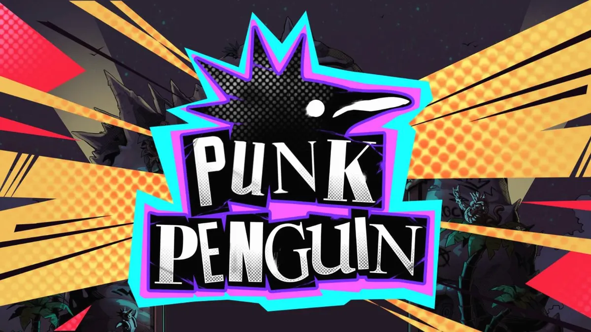 Punk Penguin slot game interface na may punk rock aesthetic at mga penguin na musikero.