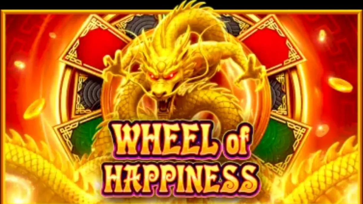 Isang makulay na screenshot ng Wheel of Happiness slot na nagpapakita ng mga gintong simbolo at dragon.